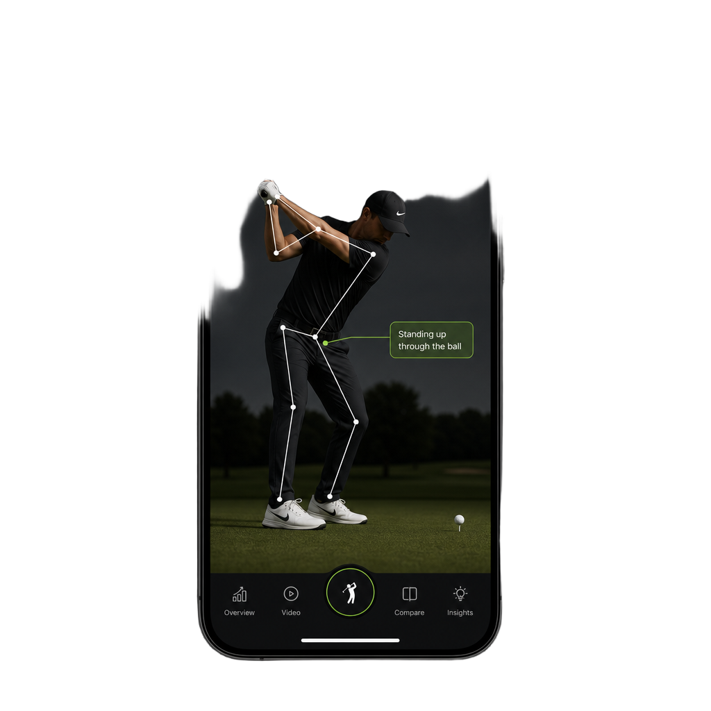Flush app on a phone showing a golfer with a white skeletal overlay and a green coaching label reading Standing up through the ball
