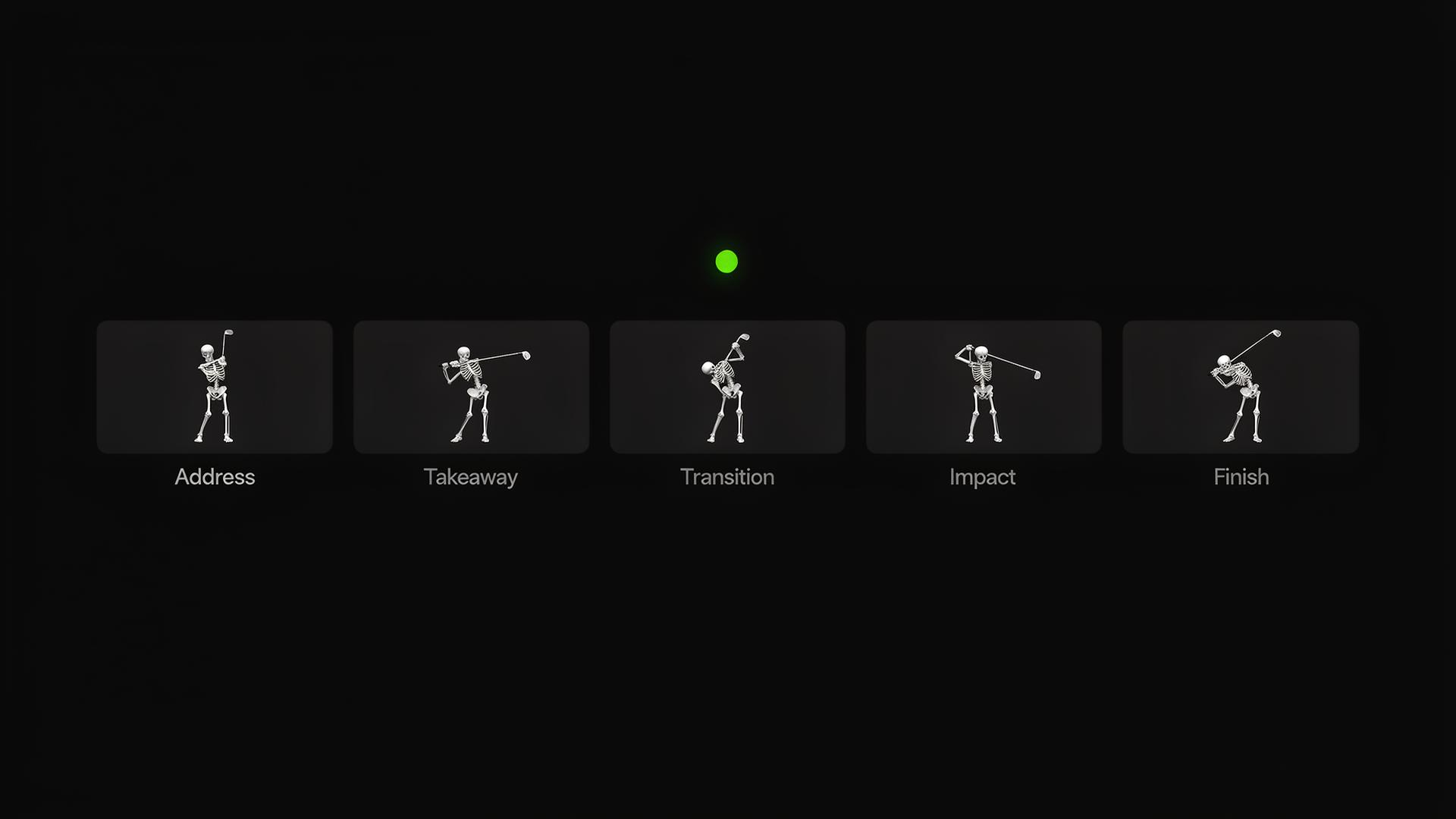 Six swing-checkpoint thumbnails labeled Address, Takeaway, Top, Transition, Impact, Finish