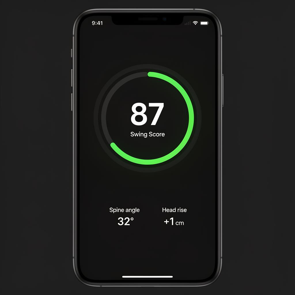 Phone showing a green swing-score ring at 87 with spine angle and head rise values